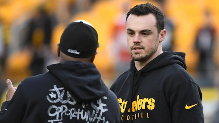 Dec 23, 2023; Pittsburgh, Pennsylvania, USA;  Pittsburgh Steelers practice squad quarterback Trace McSorley (4) before. Game against the Cincinnati Bengals at Acrisure Stadium. Mandatory Credit: Philip G. Pavely-Imagn Images