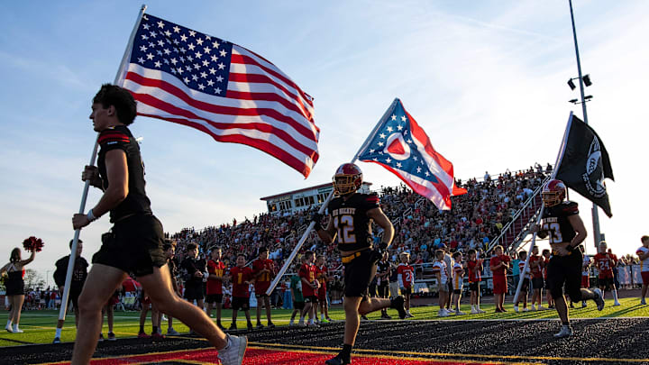 Sep 13, 2024; Sunbury, Ohio, USA; Big Walnut takes the field before the game at Big Walnut High School.