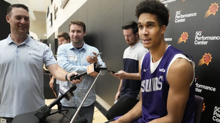 Forward Oso Ighodaro talks to the media during the Suns Summer League at Verizon 5G Performance Center on Jul 9, 2024, in Phoenix.