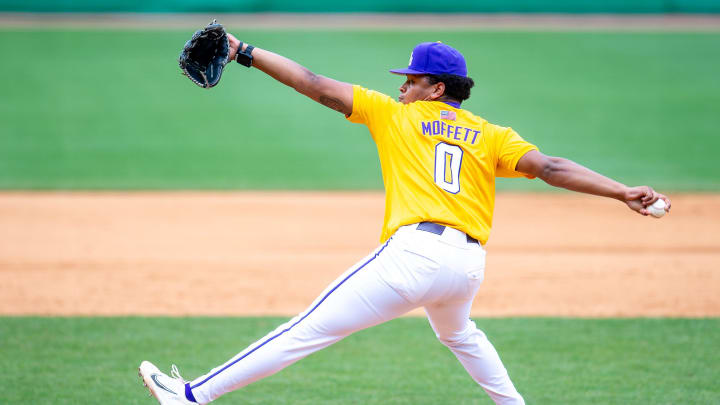 Pitcher Aiden Moffett 0 on the mound as The LSU Tigers take on Texas A & M. Sunday, May 5, 2024.