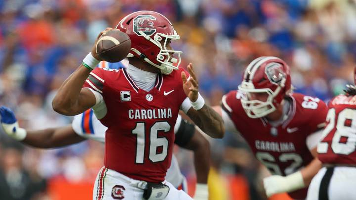 South Carolina quarterback LaNorris Sellers (16) passes during the first half of an NCAA football at Steve Spurrier Field at Ben Hill Griffin Stadium in Gainesville, FL on Saturday, October 10, 2026. [Alan Youngblood/Gainesville Sun]