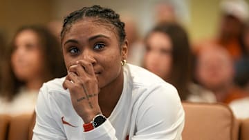 Texas Longhorns guard Rori Harmon watches the NCAA tournament bracket reveal in the University of Texas Club at Darrell K. Royal-Texas Memorial Stadium on Sunday, March 16, 2025, in Austin.