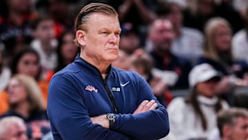 Illinois Fighting Illini head coach Brad Underwood watches the action Friday, March 14, 2025, in a quarterfinals game at the 2025 TIAA Big Ten Men’s Basketball Tournament between the Maryland Terrapins and the Illinois Fighting Illini at Gainbridge Fieldhouse in Indianapolis.