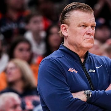 Illinois Fighting Illini head coach Brad Underwood watches the action Friday, March 14, 2025, in a quarterfinals game at the 2025 TIAA Big Ten Men’s Basketball Tournament between the Maryland Terrapins and the Illinois Fighting Illini at Gainbridge Fieldhouse in Indianapolis.