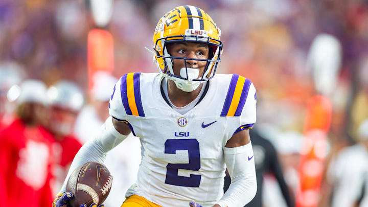 Kyren Lacy 2 runs the ball as the LSU Tigers take on the Nicholls Colonels at Tiger Stadium in Baton Rouge, LA. Saturday, Sept. 7, 2024.