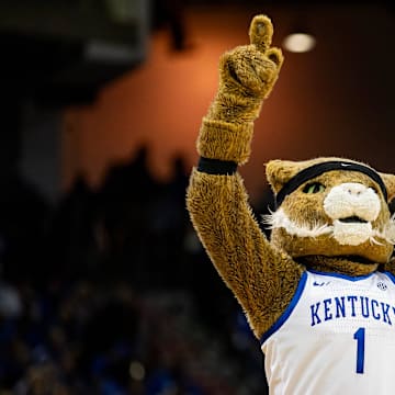 The Wildcats' mascot played to the crowd during Kentucky basketball's Blue-White scrimmage tipped off at Northern Kentucky University on Saturday, Oct. 21, 2023.