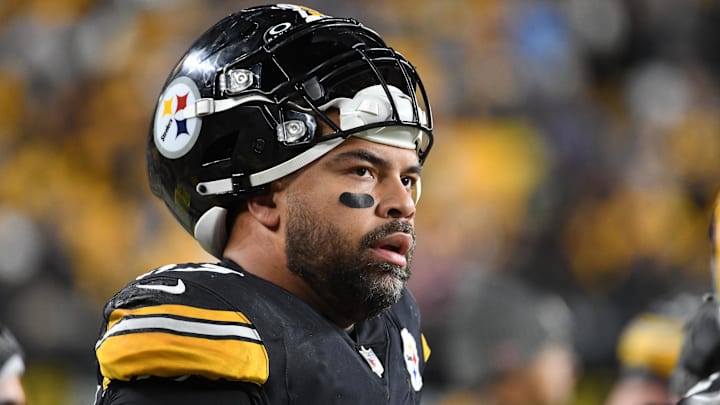 Nov 2, 2023; Pittsburgh, Pennsylvania, USA; Pittsburgh Steelers defensive end Cam Heyward watches the game against the Tennessee Titans during the second quarter at Acrisure Stadium. Mandatory Credit: Philip G. Pavely-Imagn Images