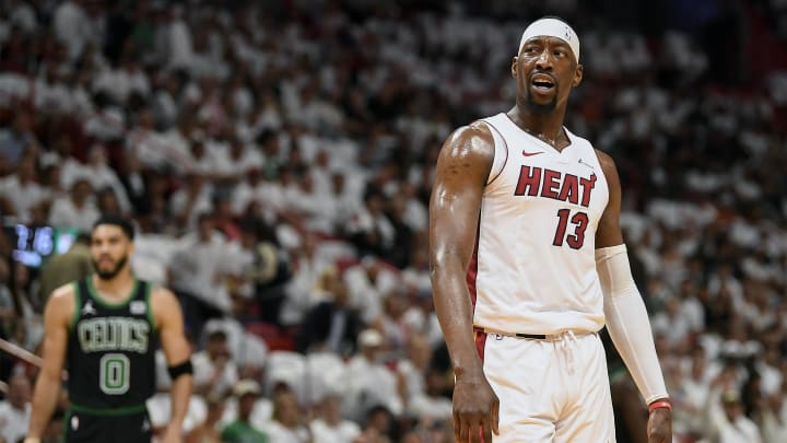 Apr 29, 2024; Miami, Florida, USA; Miami Heat center Bam Adebayo (13) looks for a foul call during the first quarter against the Boston Celtics in game four of the first round for the 2024 NBA playoffs at Kaseya Center. Mandatory Credit: Michael Laughlin-USA TODAY Sports