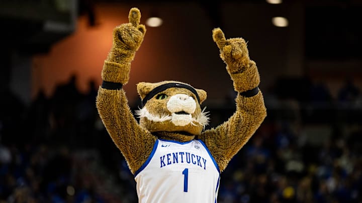 The Wildcats' mascot played to the crowd during Kentucky basketball's Blue-White scrimmage tipped off at Northern Kentucky University on Saturday, Oct. 21, 2023.