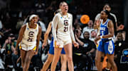 South Carolina Gamecocks forward Chloe Kitts (21) celebrates a play in the second half of the NCAA Regional Final game at Legacy Arena in Birmingham Alabama, March 30, 2025. The Gamecocks won the game and will advance to the Final Four.