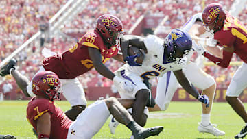 Iowa State Cyclones' defensive back Trevon Howard (25) takes down Northern Iowa Panthers running back Tye Edwards (2) during the first quarter in the season-opening game at Jack Trice Stadium on Saturday, Sept. 2, 2023, in Ames, Iowa.