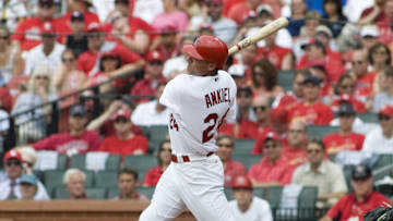 June 19, 2008; St, Louis, MO, USA; St. Louis Cardinals center fielder Rick Ankiel (24) follows through on a solo home run in the fourth inning against the Kansas City Royals at Busch Stadium. Kansas City defeated St. Louis 4-1. Mandatory Credit: Jeff Curry-Imagn Images