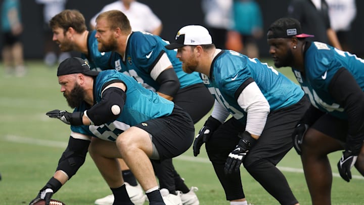 Jacksonville Jaguars center Mitch Morse (65) lines up during the organized team activity session Monday, June 3, 2024 at EverBank Stadium's Miller Electric Center in Jacksonville, Fla.