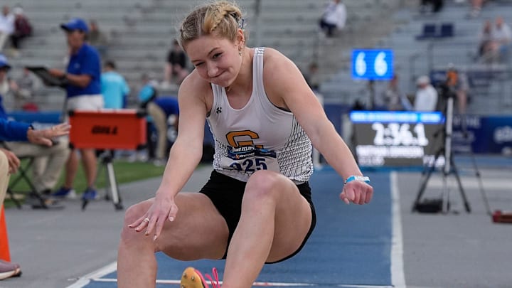 Clear Lakes’ Reese Brownlee lands during high school girls long jump in the Drake Relays at Drake Stadium on April 24, 2025, in Des, Moines, Iowa