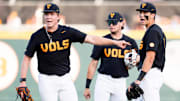 Tennessee's Liam Doyle (12) points to second base as he and the infielders plead for a review for a potential double play during a college baseball game between Tennessee and Vanderbilt at Lindsey Nelson Stadium in Knoxville, Tenn., on May 9, 2025.
