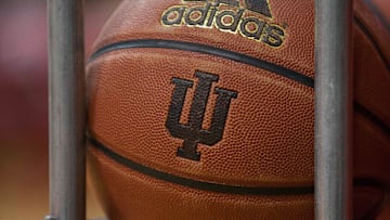Nov 24, 2014; Bloomington, IN, USA;  Basketball showing the IU logo before the game between the Indiana Hoosiers and the Eastern Washington Eagles at Assembly Hall. Eastern Washington Eagles beats Indiana Hoosiers by the score of 86-84. Mandatory Credit: Trevor Ruszkowski-Imagn Images