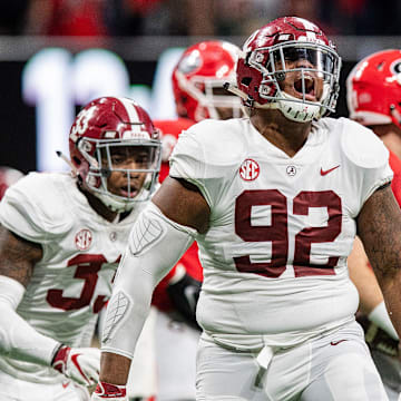Alabama defensive lineman Quinnen Williams (92) celebrates an Alabama sack during first half action of the SEC Championship Game at Mercedes Benz Stadium in Atlanta, Ga., on Saturday December 1, 2018. 

Sec35