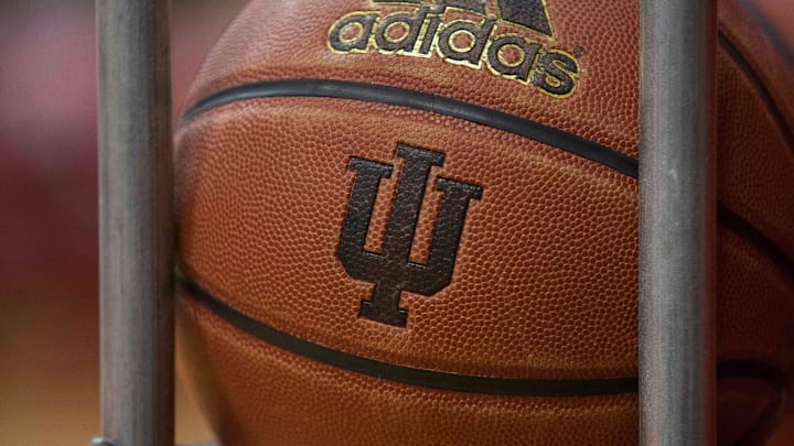 Nov 24, 2014; Bloomington, IN, USA;  Basketball showing the IU logo before the game between the Indiana Hoosiers and the Eastern Washington Eagles at Assembly Hall. Eastern Washington Eagles beats Indiana Hoosiers by the score of 86-84. Mandatory Credit: Trevor Ruszkowski-Imagn Images