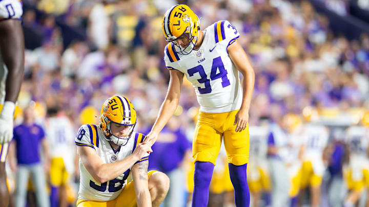 Kicker Damian Ramos 34 as the LSU Tigers take on the Nicholls Colonels at Tiger Stadium in Baton Rouge, LA. Saturday, Sept. 7, 2024.