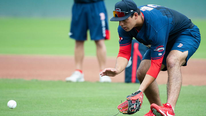 Greenville Drive's Nick Yorke fields a ball during practice at Fluor Field on Wednesday.

Jm Drive 040622 004