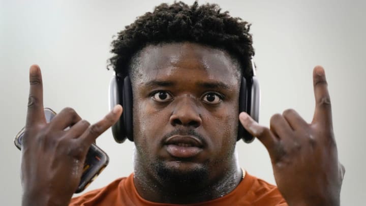 Offensive lineman Christian Jones warms up for Texas Longhorns Football Pro Day at Frank Denius