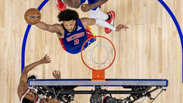 Apr 10, 2025; Detroit, Michigan, USA; Detroit Pistons guard Cade Cunningham (2) : David Reginek-Imagn Images