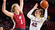 Arizona State Sun Devils forward Meg Newman (42) shoots against Washington State Cougars guard Tara Wallack (1) at Desert Financial Arena on Friday, Jan. 27, 2023.

Asu Womens Basketball Vs Washington State