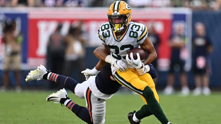 Former Packers reciever Samori Toure tries to break free of T.J. Edwards after a catch last year. Toure is now on the Bears practice squad.