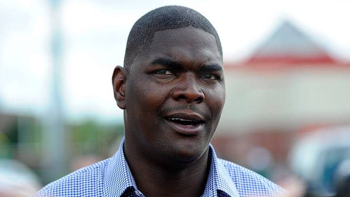July 27, 2012; Cortland, NY, USA; NFL former receiver Keyshawn Johnson talks with the media following the first day of New York Jets training camp at SUNY Cortland. Mandatory Credit: Rich Barnes-USA TODAY Sports