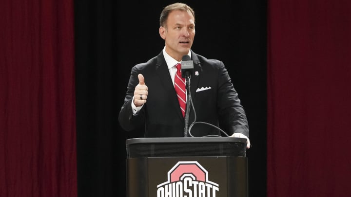 Jan 17, 2024; Columbus, OH, USA; Ross Bjork speaks during an introductory press conference for Ohio State University’s new athletic director at the Covelli Center.