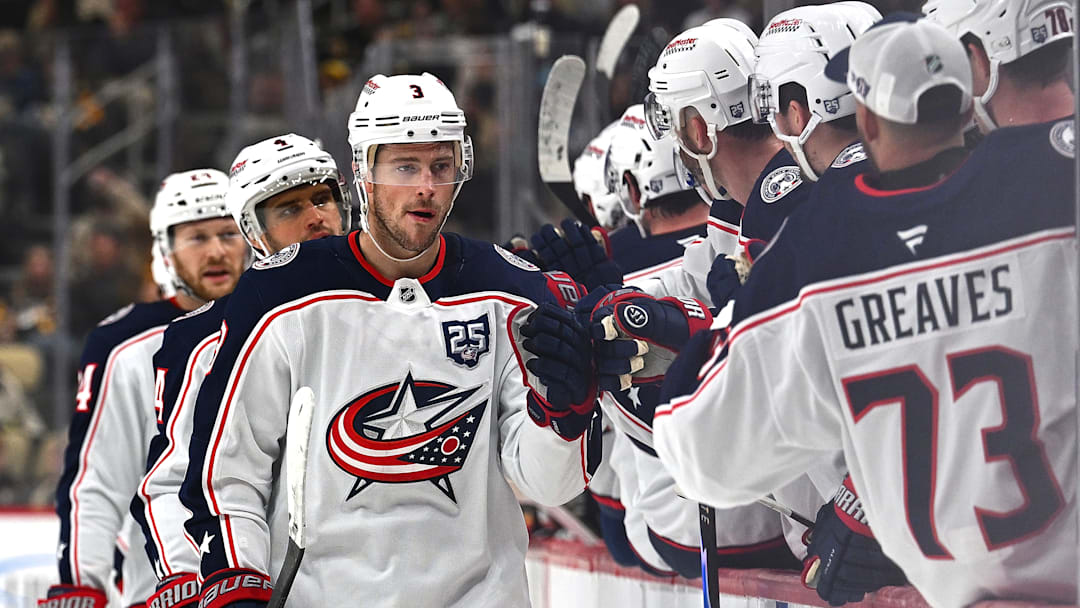 Blue Jackets center Charlie Coyle celebrates a goal with his bench.  Blue Jackets center Charlie Coyle celebrates a goal with his bench.