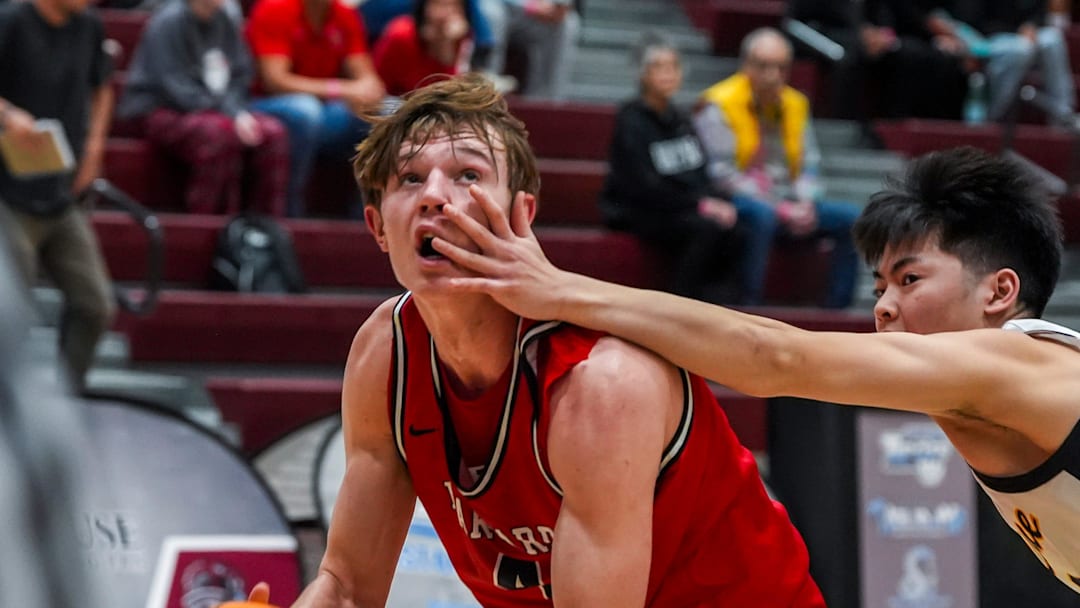 Duke basketball freshman Nikolas Khamenia looks to shoot as Bellevue's Bryce Kageyama defends during the second quarter of their game in the Desert Holiday Classic in Rancho Mirage, Calif., Thursday, Dec. 26, 2024.