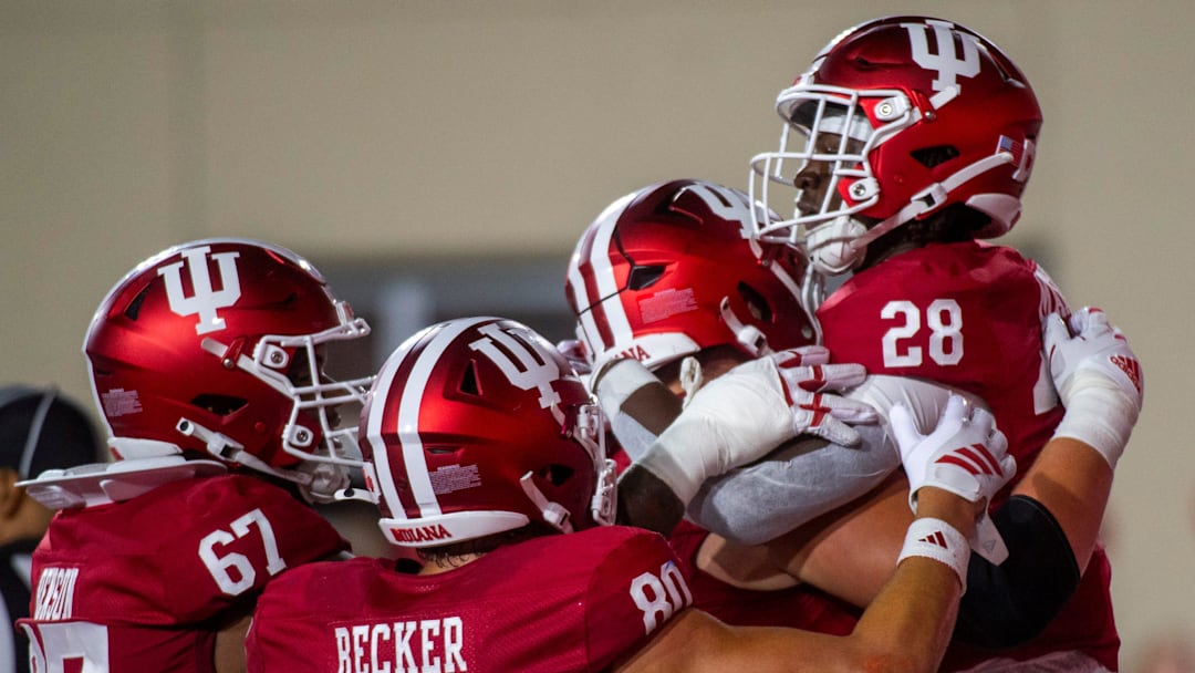 Indiana's Khobe Martin (28) celebrates during the Indiana versus Indiana State football game at Memorial Stadium on Friday, Sept. 12, 2025.