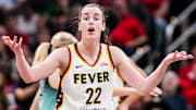 Indiana Fever guard Caitlin Clark reacts to officiating during a WNBA game between the Indiana Fever and the New York Liberty