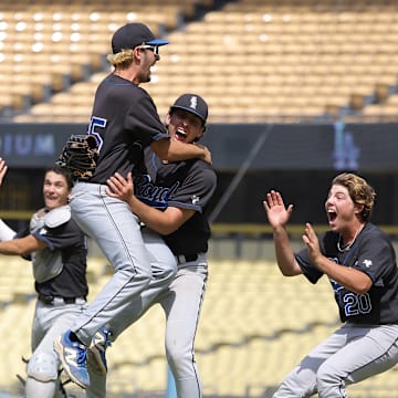 El Camino Real celebrates after the final out in a victory over Venice at Dodger Stadium, winning the City Section Open Division title on Saturday, May 24, 2025.