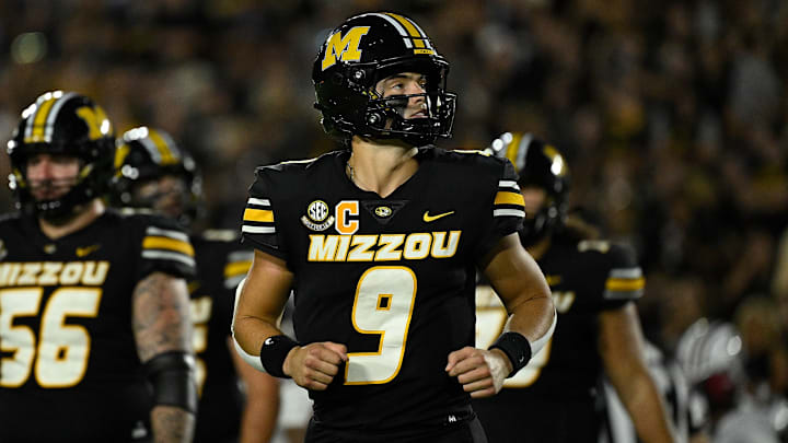 Missouri Tigers quarterback Beau Pribula (9) looks to the sidelines as he enters the field, in a game versus the South Carolina Gamecocks this season.