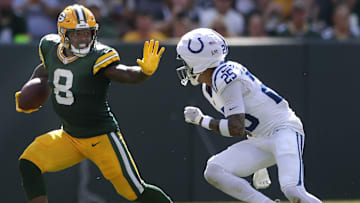 Sep 15, 2024; Green Bay, Wisconsin, USA;  Green Bay Packers running back Josh Jacobs (8) against Indianapolis Colts safety Rodney Thomas II (25) at Lambeau Field. Mandatory Credit: Wm. Glasheen/USA TODAY Network via Imagn Images