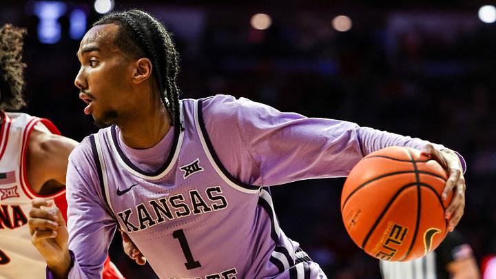 Jan 7, 2026; Tucson, Arizona, USA; Kansas State Wildcats guard Abdi Bashir Jr (1) dribbles the ball during the first half of the game against the Arizona Wildcats at McKale Memorial Center. Mandatory Credit: Aryanna Frank-Imagn Images