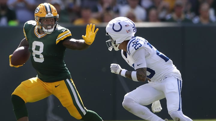 Sep 15, 2024; Green Bay, Wisconsin, USA;  Green Bay Packers running back Josh Jacobs (8) against Indianapolis Colts safety Rodney Thomas II (25) at Lambeau Field. Mandatory Credit: Wm. Glasheen/USA TODAY Network via Imagn Images