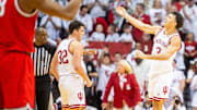 Indiana's Anthony Leal (3) and Trey Galloway (32) celebrate against Ohio State at Simon Skjodt Assembly Hall.