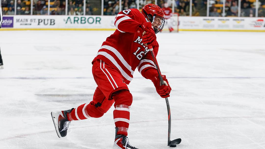 KALAMAZOO, MI - NOVEMBER 15: Miami University forward Ilia Morozov #18 shoots the puck during a game between Miami University and Western Michigan University at Lawson Ice Arena on November 15, 2025 in Kalamazoo, Michigan. (Photo by Michael Miller/ISI Photos/ISI Photos via Getty Images)
