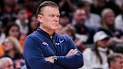 Illinois Fighting Illini head coach Brad Underwood watches the action Friday, March 14, 2025, in a quarterfinals game at the 2025 TIAA Big Ten Tournament between the Maryland Terrapins and the Illinois Fighting Illini at Gainbridge Fieldhouse in Indianapolis.