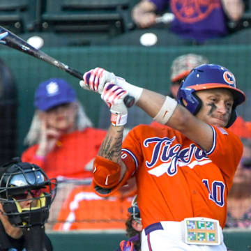 Clemson outfieler Cam Cannarella (10) bats against Notre Dame during the bottom of the fifth inning at Doug Kingsmore Stadum in Clemson, S.C. Friday, March 14, 2025.