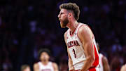 Nov 7, 2025; Tucson, Arizona, USA; Arizona Wildcats guard Anthony Dell’Orso (3) celebrates a three pointer he makes during the first half of the game against the Utah Tech Trailblazers at McKale Memorial Center. Mandatory Credit: Aryanna Frank-Imagn Images