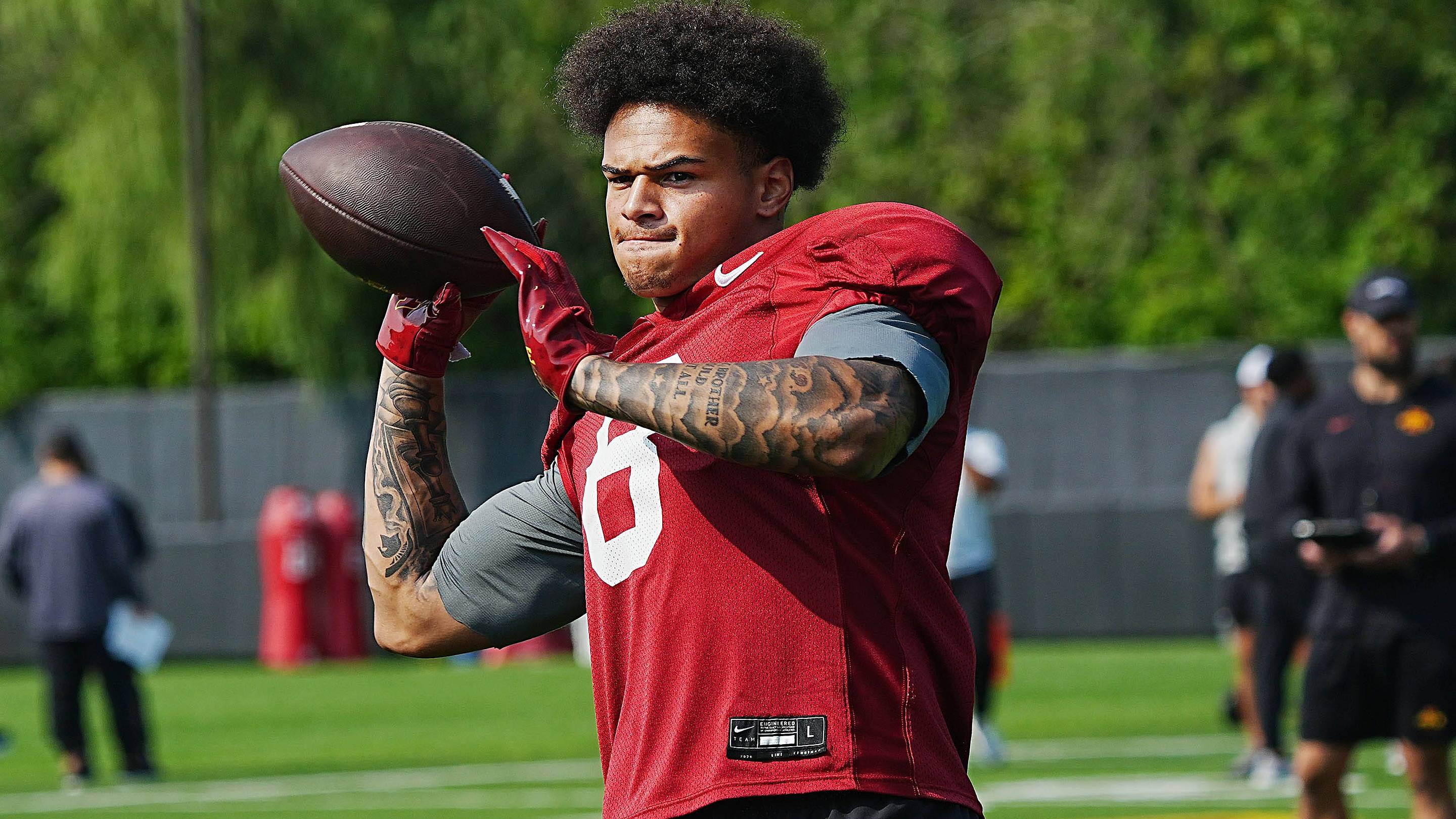Iowa State wide receiver Evan Boyd (8) passes the ball during the university’s football open practice at Johnny Majors practice field on August 8, 2026=, in Ames, Iowa. | USA TODAY Network via Reuters Connect