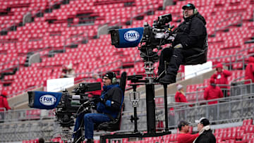 Fox Sports television cameras wait for the start of the the NCAA football game between the Ohio State Buckeyes and the Indiana Hoosiers at Ohio Stadium in Columbus on Saturday, Nov. 23, 2024.