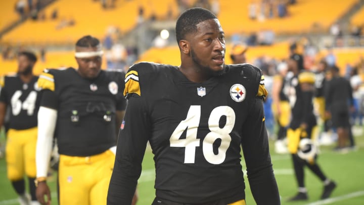 Aug 21, 2021; Pittsburgh, Pennsylvania, USA;  Pittsburgh Steelers linebacker Quincy Roche (48) after the game against the Detroit Lions at Heinz Field. Mandatory Credit: Philip G. Pavely-USA TODAY Sports