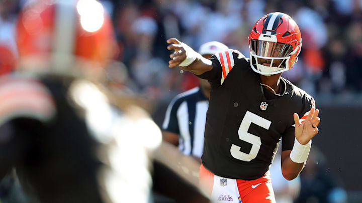 Cleveland Browns quarterback Jameis Winston (5) attempts a pass during the second half of an NFL football game at Huntington Bank Field, Sunday, Oct. 20, 2024, in Cleveland, Ohio.