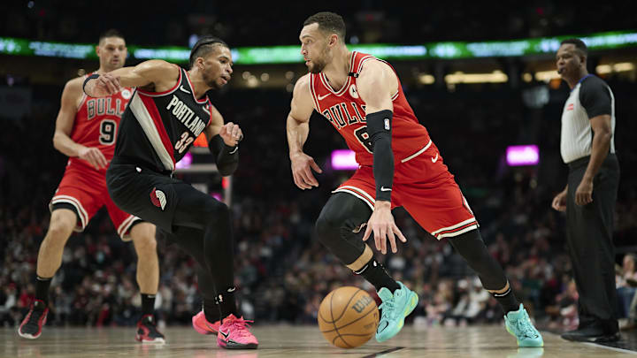 Jan 19, 2025; Portland, Oregon, USA; Chicago Bulls guard Zach LaVine (8) drives to the basket