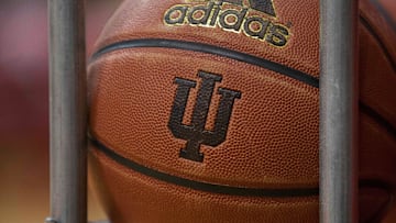 Nov 24, 2014; Bloomington, IN, USA;  Basketball showing the IU logo before the game between the Indiana Hoosiers and the Eastern Washington Eagles at Assembly Hall. Eastern Washington Eagles beats Indiana Hoosiers by the score of 86-84. Mandatory Credit: Trevor Ruszkowski-Imagn Images